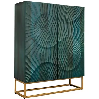Riess Ambiente Massives Highboard Scorpion - 120cm - türkis - Mangoholz mit 3D Schnitzereien und goldenem Metallgestell