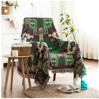 Wohndecke Boho Thread Sofadecke mit Quaste, Geometrisch, Sofaschoner, Sunicol, Stil Wendedecke, Baby-Decke, für Zuhause,Büro,Reisen, Zelten grün 230 cm
