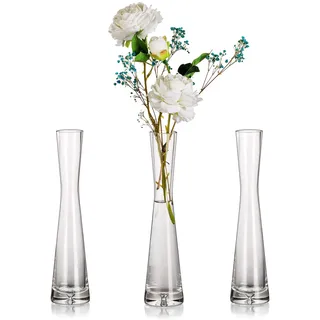 Glasseam Blumenvase Modern Glasvasen Schmal: 3er 24.5cm Hoch Blomus Vase Glas Set Handmade Schmale Vasen Tischdeko Wohnzimmer Esstisch Tulpenvase Dekovase für Pampasgras Tulpen Rose Hochzeit Deko