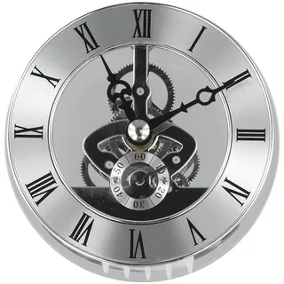 Goldene Skelett-Uhr-Einsatz, 86 mm, mit beweglichen Zahnrädern, römische Ziffern, Quarz-Uhrwerk, Ersatz für DIY-Wanduhr-Reparatur, transparente Glaslinse, Silber- oder Gold-Finish (Silber)