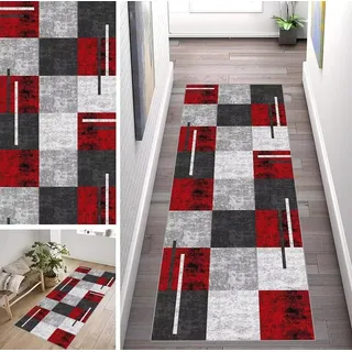 ZUZEKU Läufer Flur Küche Waschbar rutschfest 60X100cm Modern Geometrisches Muster Rot und Grau Lang Küchenteppich Flurteppich Teppich Fur Korridor Wohnzimmer Schlafzimmer Meterware Anpassbar