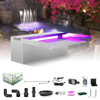 LONGRUN Wasserfall Edelstahl Pool Brunnen, Springbrunnen Garten Wasserfall mit Mehrfarbig LED, Teich Brunnen Kaskaden Wasserfall für Außengarten Deko Teich Mauer Wand Gabione -30x20x10cm