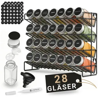LINFELDT Gewürzregal Gewürzregal 28 Gläser + 108x Sticker, Stift, Schrauben zum Aufhängen schwarz