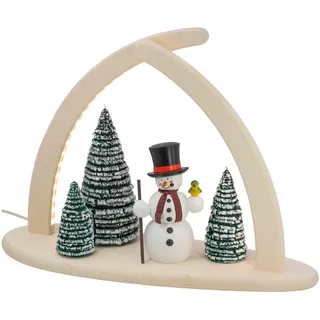 Seiffener Volkskunst | LED Spitzbogen Weihnachtsbogen Weihnachtsdeko | Schwibbogen Lichterbogen Fensterbeleuchtung aus dem Erzgebirge | 43x33 cm | Schneemann mit Vogel