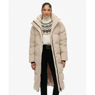 Superdry für Damen. W5012143A Beigefarbener, gesteppter Longline-Mantel mit Kapuze (M), Lässig, Stoff