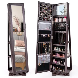 RELAX4LIFE 3-in-1 Schmuckschrank drehbar, mit Ganzkörperspiegel & eingebautem kleinen Spiegel, Spiegelschrank & Schmuckregal, Schrank für Schmuckaufbewahrung, abschließbar (Dunkelbraun)