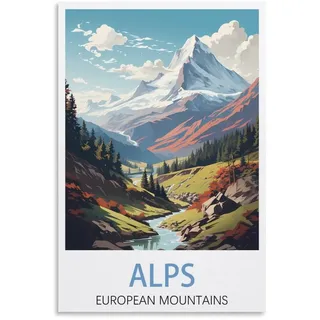 PuPLuM Alpen Europäische Berge, Vintage-Reiseposter, Landschaft, 40 x 60 cm, Leinwand, Wandkunst, Poster für Wohnzimmer, Dekoration, Gemälde für Heimdekoration