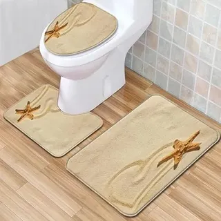 Bad Teppiche Set 3-Teiliges Beige Seesterne WC Vorleger Mit Ausschnitt Badematte Saugfähig WC Deckelbezug Badvorleger rutschfest Waschbar Toilettensitzbezug Badgarnitur (50x80cm)