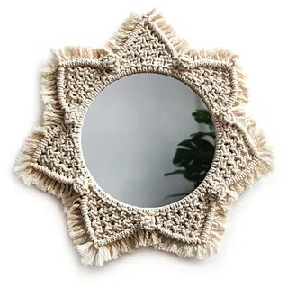 Lubgitsr Spiegel Makramee Wandspiegel Mirror Art Deko Fringe Runder Spiegel Ornament (1-St) weiß