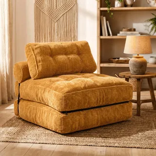 Fabulcozy 4-in-1 Schlafsofa 1-Sitzer, Umwandelbarer Schlafsessel mit Kissen & Matratze, Platzsparendes Gästebett für Kleine Wohnungen, Klappbarer Sessel für Wohnzimmer Schlafzimmer(Gelb)