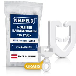 NEUFELD® 120 T-Gleiter (inkl. 4 Feststeller) Gardinenhaken für T-Schiene - Wohnwagen Gardinen in Standardgröße - Gardinengleiter