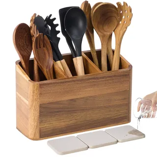 Utensilienhalter aus Holz für Küchentheke, Akazienholz, Küchenutensilienhalter für Arbeitsplatte mit 4 Fächern, Kochutensilien-Organizer, Besteck-Caddy (Akazienholz, 3 Fächer)