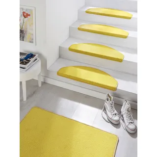 Hanse Home Stufenmatten Fancy – Treppen-Teppich Treppenmatten Selbstklebend Sicherheit Stufenteppich halbrund für Treppenstufen – Gelb, ca. 23x65cm 15 Stück
