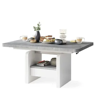 All4All Couchtisch Leo 120x75 cm - Wohnzimmertisch Höhenverstellbar - Esstisch mit Ablage und Schublade - Ausziehbar bis 180 cm - Esszimmertisch - Modern - Beton + Weiß 05