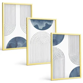 BILDER SET 3er Set - 40x60 cm Goldrahmen - Abstrakte blaue Muster