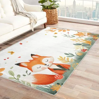 Fuchs Teppich Kinderzimmer - Teppich Wohnzimmer Schlafzimmer Waldtiere, Großer Teppich Schmetterling Blumen, Weich Kurzflor & Waschbar & Rutschfest Wohnzimmerteppich, Kinderteppich, 120x170 cm