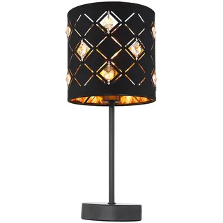 Tischleuchte Beistelllampe Wohnzimmerleuchte, Modern Stoffschirm, Tischlampe Nachttischleuchte, schwarz Textil Acryl Kristalle, 1x E14 DxH 15x35 cm
