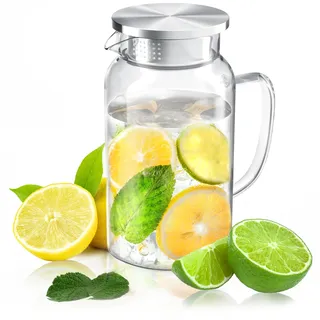 Arendo - Glaskaraffe 1400 ml - Karaffe aus Glas mit Deckel - Wasserkaraffe aus lebensmittelechtem Edelstahl – Borosilikatglas hitzebeständig bis 100°C – Sieb - hitze- und kältebeständig
