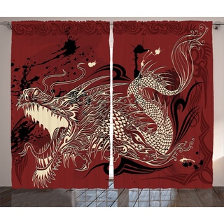 Gardine Schlafzimmer Kräuselband Vorhang mit Schlaufen und Haken, Abakuhaus, orientalisch Japanische Drachen Doodle beige 280 cm x 260 cm