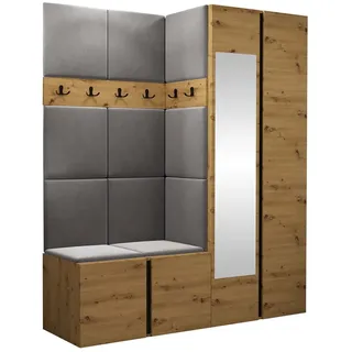 Mirjan24 Garderoben-Set Monati XII, Kleiderschrank mit Spiegel, Schuhschrank, 2X Kleiderhakenbrett, Gepolstertes Paneel/Wandpaneel, 6 Doppelhaken, Flurgarderobe (Eiche Artisan/Schwarz, Manila 16)