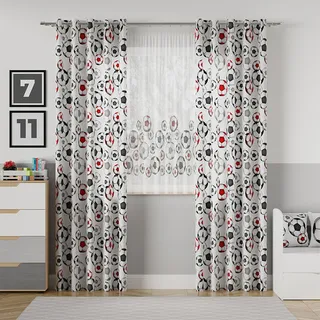Gardinen Vorhangen Weiß 140x240 cm (BxH) Fußbälle Rot Kinderzimmer Stores Gardinen mit Kräuselband Kurz Lang Scheibengardine Vorhänge Fertiggardine Satin-Stoff