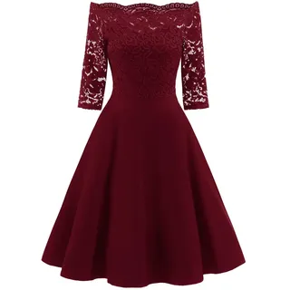 Modaworld Damen Rockabilly Kleid Knielang elegant Sommerkleid Vintage Spitze cocktailkleid Off Shoulder Abendkleid Kleider Brautjungfernkleid