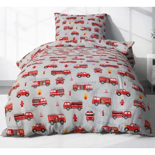 Heubergshop Kinderbettwäsche, Renforcé, 2 teilig, 135x200cm und 80x80cm - Feuerwehr 100% Baumwolle Kinder (EW-Feuerwehr)