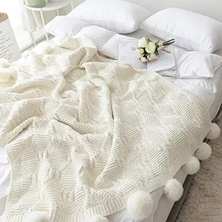 Heiße Strickdecke, niedlicher Stil, grobe Chenille, Überwurf für Sofa, Bett, Stricken mit Pompons, Dekoration, weich, warm, bequem für Junge Mädchen und Jungen (cremefarben, 130 x 160 cm)