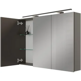 Planetmöbel ARIA Spiegelschrank Bad mit Beleuchtung 120 cm breit | Badschrank hängend mit Spiegel | Anthrazit, mit Leuchte und Steckdose, Spiegelschrank Gäste WC 120 x 70 x 16 cm