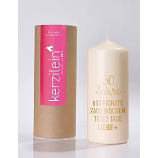 Kerze / Stumpen-Kerze / Hochzeits-Kerze / Trau-Kerze Goldene Hochzeit 50 Jahre Kerze in weiß mit Aufdruck in Gold - Hochzeits-Deko - Hochzeits-Jubiläum - Goldene Hochzeit - von Kerzilein