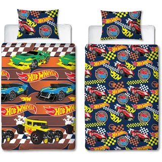 Hot Wheels Bettwäsche-Set für Einzelbett, offizielles Lizenzprodukt, Rennfahrer-Design, wendbar, 2-seitig, Auto-Bettwäsche, inkl. passendem Kissenbezug, perfekt für Kinderzimmer