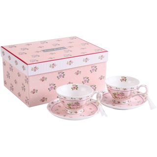 London Boutique Tee-/Kaffeetassen und Untertassen im Vintage-Stil, Porzellan, Set in Geschenk-Box, Keramik, Rose Pink 2pc Set, 11x8cm