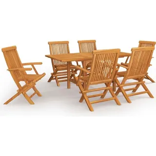 Gartenmöbel-Set, Essgruppe für Innen- & Außenbereich, Massivholz Teak, ausziehbarer Tisch (110-160 cm) mit Sonnenschirmloch, 6 klappbare Stühle - Bunt