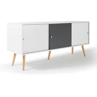 IDMarket - Skandinavisches niedriges Lowboard 135 cm Effie 3 Türen aus weißem und grauem Holz