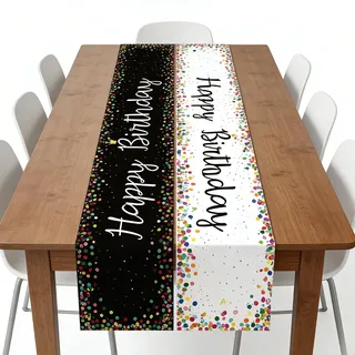 2 Stück Geburtstag Tischdecke Schwarz Weiß 180x35 cm, Happy Birthday Tischläufer mit Punkten und Krone, Wiederverwendbare & Waschbare für Wohnzimmer, Party, Fotohintergrund