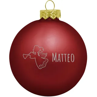 Deitert Weihnachtskugel mit Wunschtext Gravur, Ø 8cm, personalisierte Christbaumkugel aus Glas (matt), Individueller Weihnachtsbaumschmuck Namen oder Spruch, Engel-Motiv, Rot