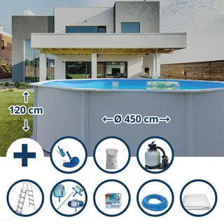 Stahlwandpool Set (9-teilig) hoch rund Eco 450 x 120 cm, Stahl 0,4 mm weiß Folie