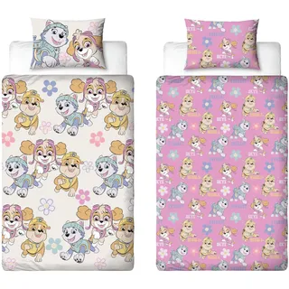 Paw Patrol Offizielles Kinder-Bettwäsche-Set, gebürstetes Design, wendbar, 2-seitig, Mädchen-Bettwäsche, inklusive passendem Kissenbezug mit Rubble, Everest und Skye