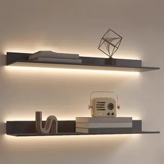 HJDSUDU Wandregale Schwebende Regale, Ausstellungsregal mit eingebautem beleuchtetem LED-Licht, 1 Stück an der Wand montierte lichtemittierende Metallregale, für Wohnzimmer,Grau,150cm/59in