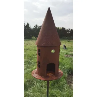 steinfigurenwelt gieben Vogelhaus mit Steg zum Beleuchten H22cm Edelrost Gartendeko Metall Rost