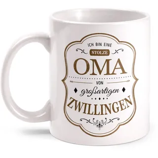 Fashionalarm Tasse Stolze Oma von Zwillingen beidseitig bedruckt mit Spruch | Geschenk Idee Geburtstag Weihnachten Geburt Enkel Kinder Großmutter, Farbe:weiß