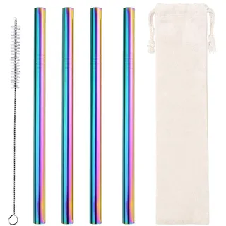 AF-WAN Wiederverwendbare Metall Trinkhalme 4 Sets, Bunte Metall-Strohhalme, Edelstahl Boba Strohhalme, Wiederverwendbare Smoothie Strohhalme (12 mm) mit 1 Reinigungsbürste-Regenbogen