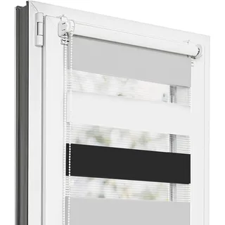 Estika Doppelrollo Klemmfix ohne Bohren - 130 cm x 150 cm - Trio: Schwarz-Weiß-Hellgrau - 29 Stofffarben, Tag und Nacht Duo Rollo, Rollos für Fenster ohne Bohren(130 cm Stoffbreite)