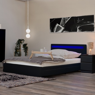 Home Deluxe LED Bett NUBE mit Schubladen und Matratze - Farbe: schwarz, Größe: 140 x 200 cm, Ausführung: mit Matratze