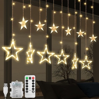 Lichterkette Sterne, 138 LEDs 2.5m Weihnachtslichterkette, Lichterkette Innen/Außen, Wasserdicht Weihnachtsbeleuchtung mit 12 Sterne und 8 Modi, Weihnachtsdeko Für Fenster, Balkon (Warmweiß)