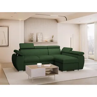 MIRJAN24 Ecksofa Boston Mini Premium Cord 2RLC, mit Bettkasten und Schlaffunktion, Verchromte Metallfüße, Einstellbare Kopfstützen grün