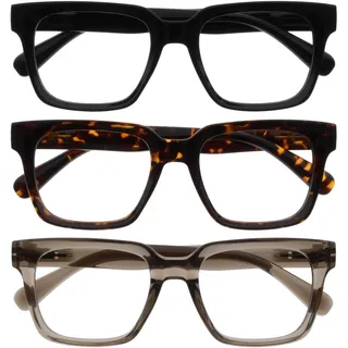 OPULIZE ERA Blaulichtfilter Lesebrille für Damen Herren - Entspiegelt & blendfrei - 3er-Pack UV400-Schutz - Großer rechteckiger Rahmen - Computerbrillen Gaming - Schwarz Braun Grau - +1,00