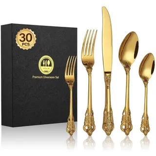 LuxusKollektion Besteck-Set Besteck Set 30 Gold Edelstahl 30 Stück Goldene Kronen Besteck 30 Stück goldfarben