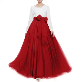Damen Lange Tüllrock Bodenlang Maxi Puffy Rock A-Line Bowknot gürtel hohe tailliertes für Hochzeitsfeier Abend - M