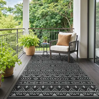 GENIMO Outdoor Teppich Wetterfest Schwarz Grau 180x275cm | Outdoor Matte Reversibel UV-Schutz Wetterfest Garten Camping Terrasse Schwarzgrau